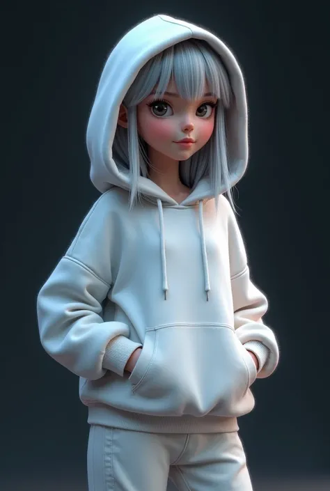 Pixar pictures 、white hoodie outfit 、 silver long girl、 background black