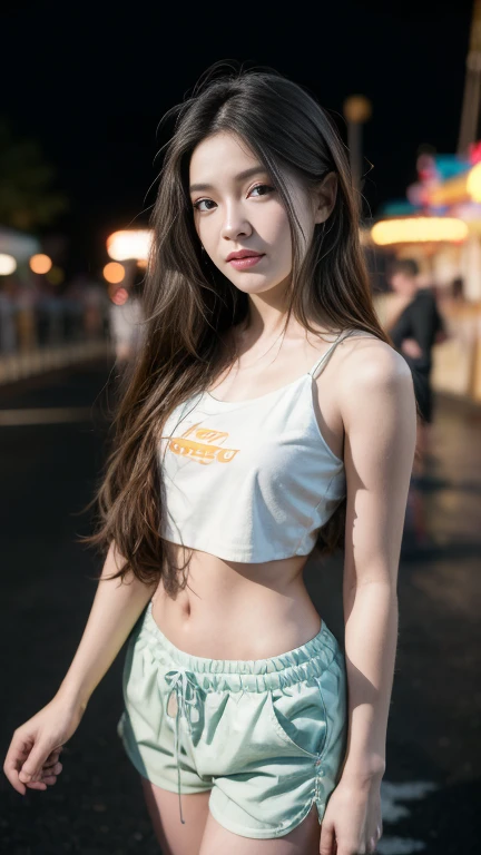 realistic, ultra detailed, whole body photo display, a 23 year old girl, wearing a crop top and shorts , no makeup, bare face, beautiful face, sweet face, hands 1:1, naughty expression, standing in middle of the road, ((small breast, perfect round :1.1)), ...