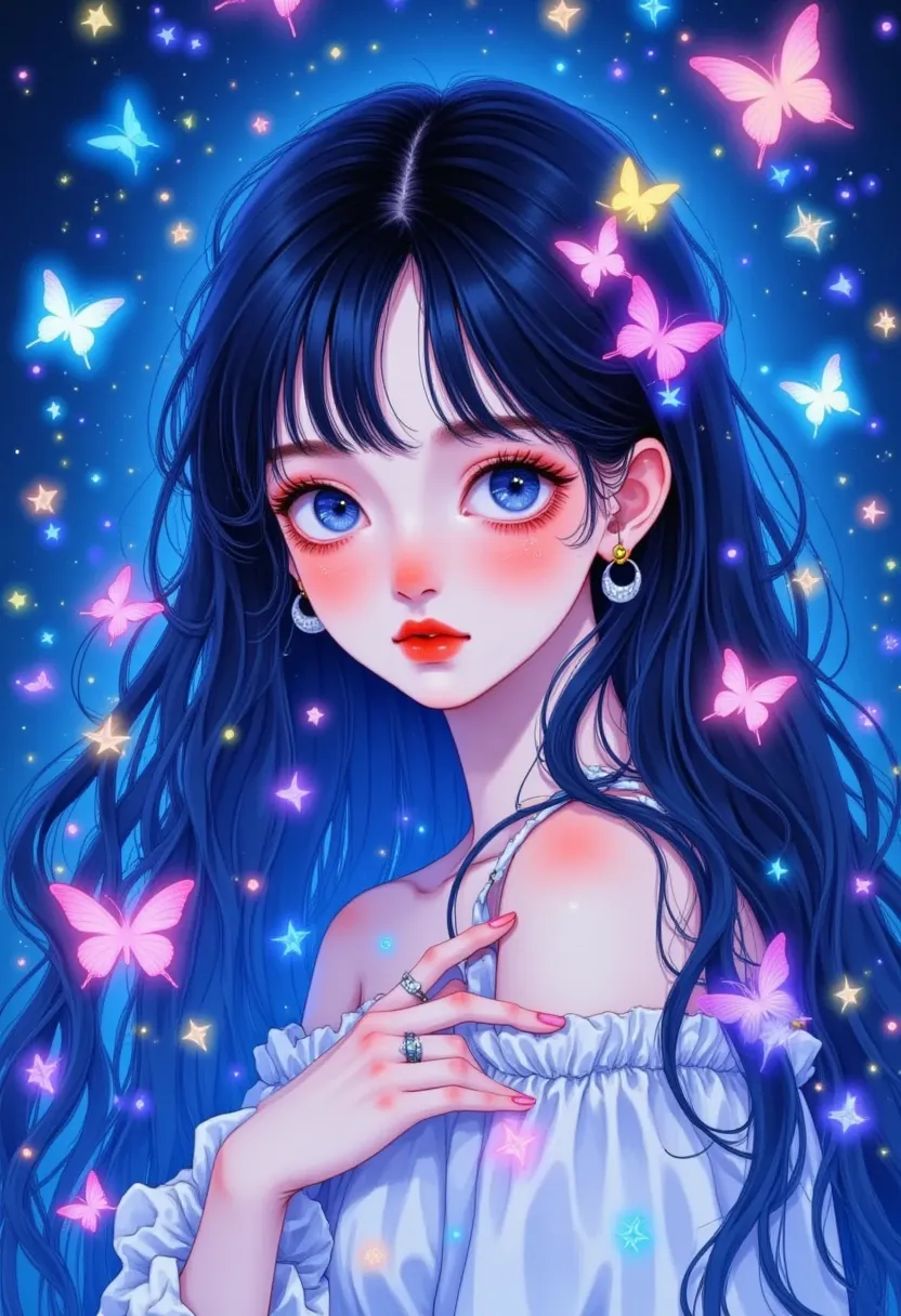 beautiful anime girl ,   the portrait of the character is in the middle  ，  surrounded by glowing butterflies and neon lights,  ...