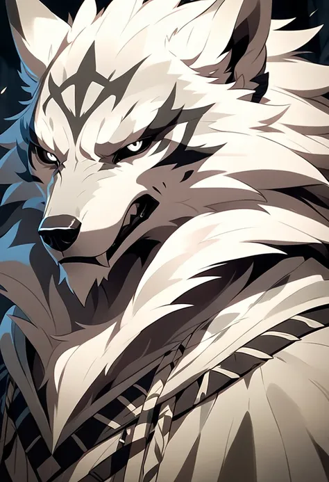 handsome anthropomorphic white wolf in tribal clothing, white wolf eyes, black sclera, white fur, furry anime art, medieval, dark fantasy, light novel art, furry, intimidating, evil, detailed art, detailed fur, emotionless, cold expression, sexy, villain, ...