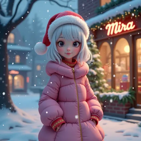 Realistic: A white haired lady with bangs being tied up in her 30s. Wearing pink puffy dress and santa hat.  Standing outside a shop with a name sign that says "MIRA". Christmas tree behind her. Snow falling everywhere. Night time.