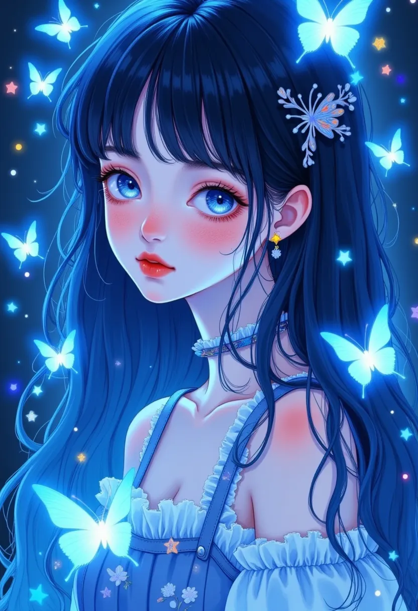 beautiful anime girl ,   the portrait of the character is in the middle  ，  surrounded by glowing butterflies and neon lights,  ...