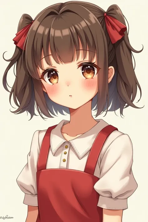 Make Anime character the  girl has fair skin, large brown eyes, and two small pink marks under her large pupils.  Her hair was tied on each side of her head with two cherry red hair ties that kept it in place. He also has short bangs cut into three straigh...