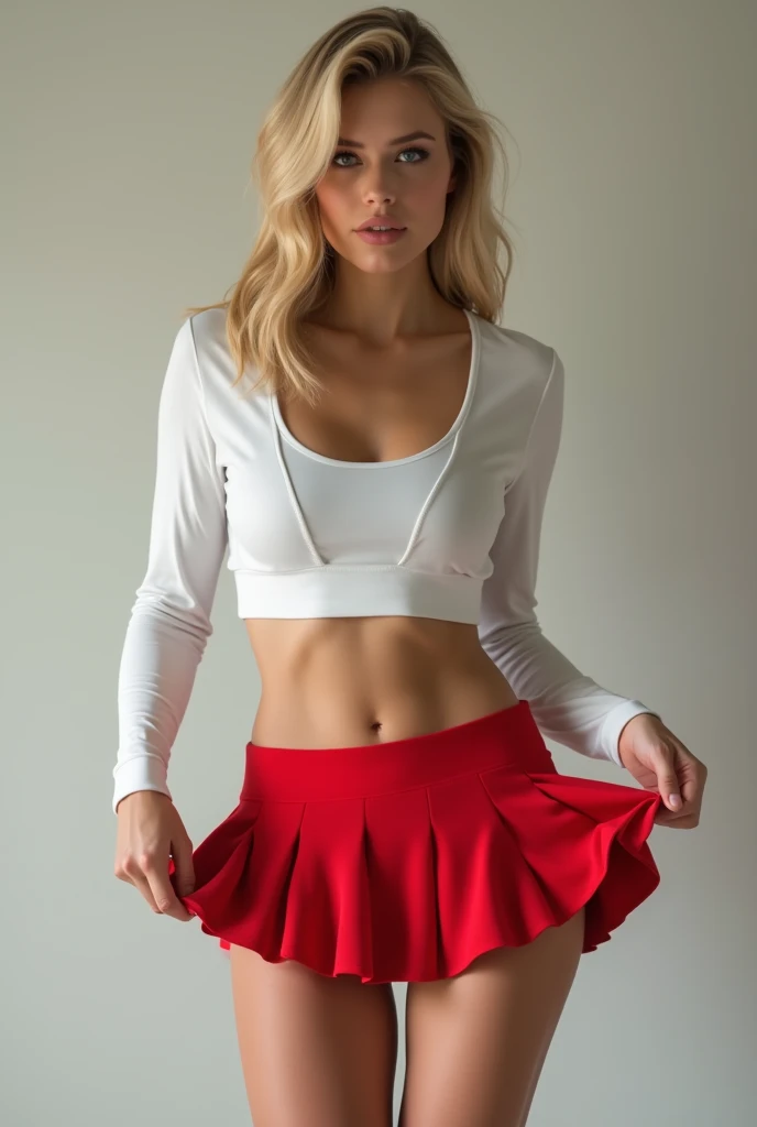 Sexy blonde 30 year old girl in a white long sleeve sports shirt and a wavy red tennis skirt pulls up her red tennis skirt exposing her red panties