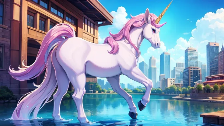 City Reflected on Water,Legendary creature unicorn, Cowboy Shot 