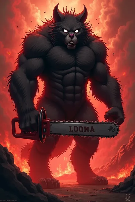 score_9,score_8_above,score_7_above, source_ cartoon , kemono style,  Hairy Anthropoid Hell Dog , Loona de Helluva Boss, hairy body, white eyes,  red sclera , She looks serious ,  but scorching with Chainsaw Man the demon chainsaw 