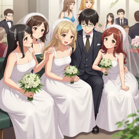 multiple_girls, dress, formal, wedding_dress, bouquet, suit, glasses, flower, 1boy, black_hair, 4girls, white_dress, necktie, 3girls, realistic, sitting, wedding