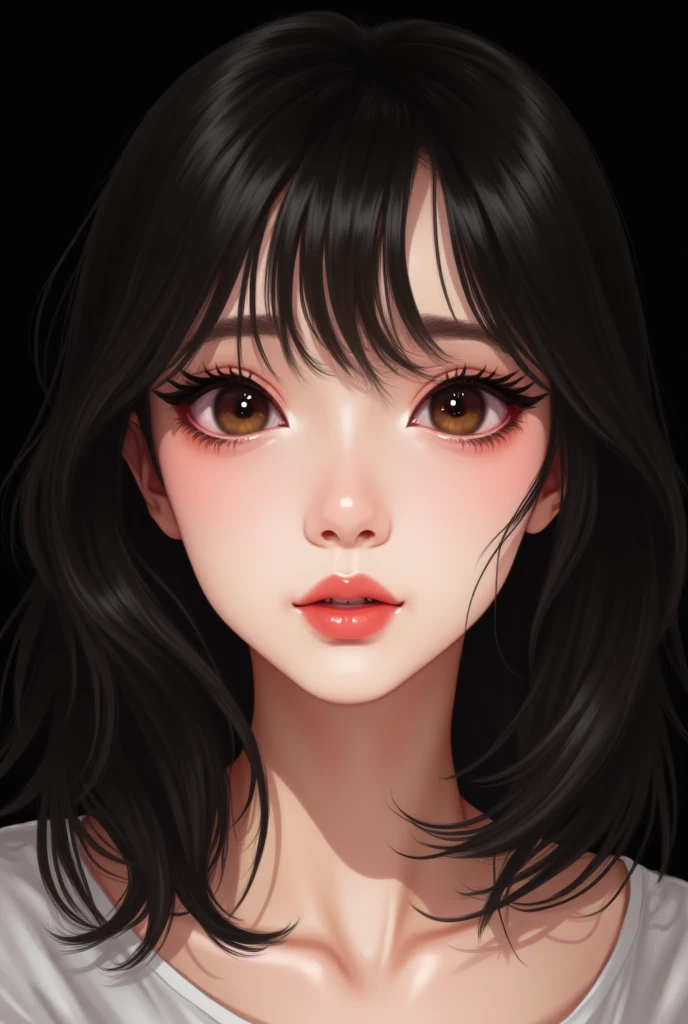 a manhwa realistic style of an asian woman with small doe eyes with eyeliner and lashes black eyes shoulder long hair with curtain bangs black background 