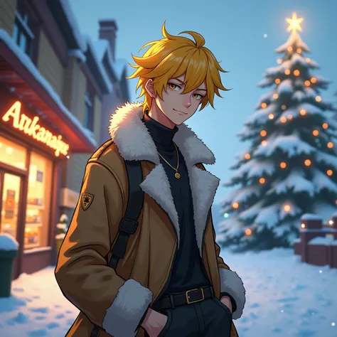 Realistic: A yellow Haired Guys, wearing Black Shirt and furry coat sitting on his shoulder. Standing in front of a store with sa light sign that says "Laxus". Christmas tree behind him. Snow everywhere. Lightning in the clouds. 