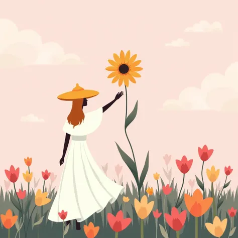 Simplified sketch of a person in a flowing white gown and a bright orange hat shaped like a daisy, standing in a field dotted with large, geometric flowers. The background is a soft, pastel pink sky with wispy clouds. The composition features sharp, geomet...