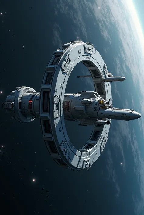 Scenery with a shuttle circling around a circular space station