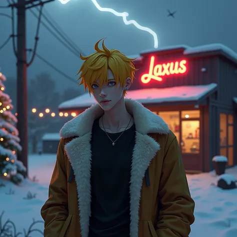 Realistic: A yellow Haired Guys in his mid 20s, wearing Black Shirt and furry coat sitting on his shoulder. Standing in front of a store with sa light sign that says "Laxus". Christmas tree behind him. Snow everywhere. Lightning in the clouds. 