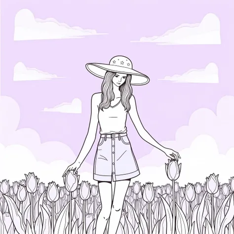 Line art of a person wearing a denim skirt and a wide, starry-patterned hat, standing in a field of soft, pastel-hued tulips. The background is a deep lavender sky with light, feathery clouds. The composition features bold, flowing lines with a hint of abs...