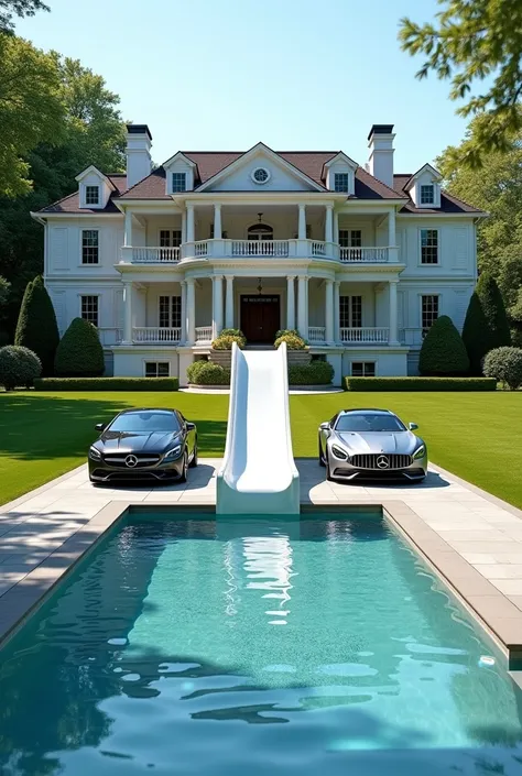 3-storey house with swimming pool, 3 cars with slide in front of the house