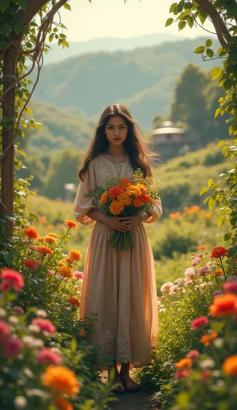 A girl is standing with flowers in her hand in a flower garden in rural Bengal on a winter afternoon.