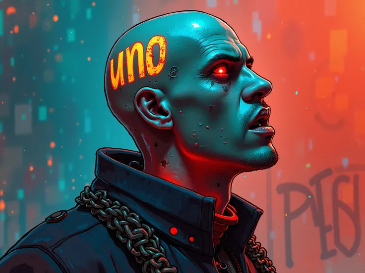 A photo of a breathtaking artwork featuring a graffitipunk character in a moment of intense focus. The piece is styled to resemble a color pencil and ink sketch, blending raw energy with intricate detail. The man’s cybernetic left eye glows in vivid cyan, ...