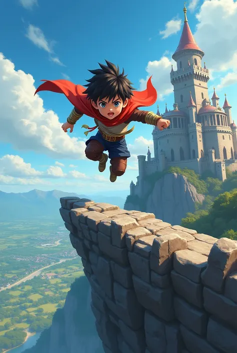 Anime boy jumps off castle tower 