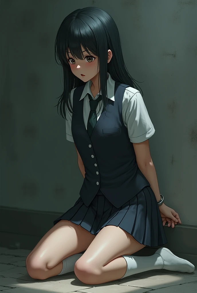 A girl in a uniform featuring a long sleeved buttoned up shirt. A necktie and an unsleeved vest. Long white socks and a skirt. She is on her knees handcuffed and begging to be free