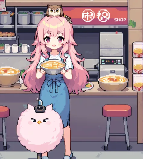 ((( best quality, 8k, masterpiece: 1.3)),  beautiful pixel art ,  one woman,  Pink Hair, Long Hair,  cotton candy hair ,  fluffy hair,  thick eyebrows,  white t-shirt, Blue jeans, apron,  pink bandana on the head ,  ramen shop ramen shop,  ramen shop kitch...