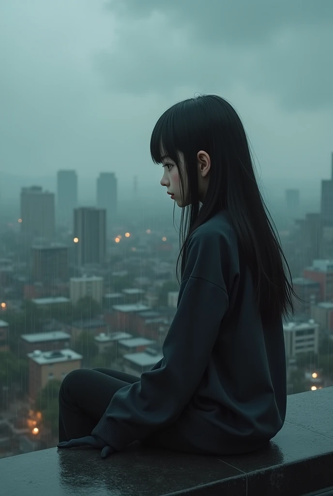 a teenage girl with long black hair sitting on the edge of a rooftop, realistic, photorealistic, 1girl, melancholic expression, detailed face, (best quality,4k,8k,highres,masterpiece:1.2),ultra-detailed,(realistic,photorealistic,photo-realistic:1.37),HDR,U...