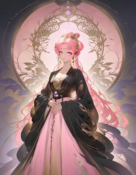 (masterpiece,  Best Quality :1.2), Stunning female ,  Delicate skin ,  pink hair , black and gold costume, Radiating elegance and beauty.,Neon realistic style, Gothic Art Art Nouveau, Character design inspired by anime, Bold and elegant, Cyberpunk comics, ...