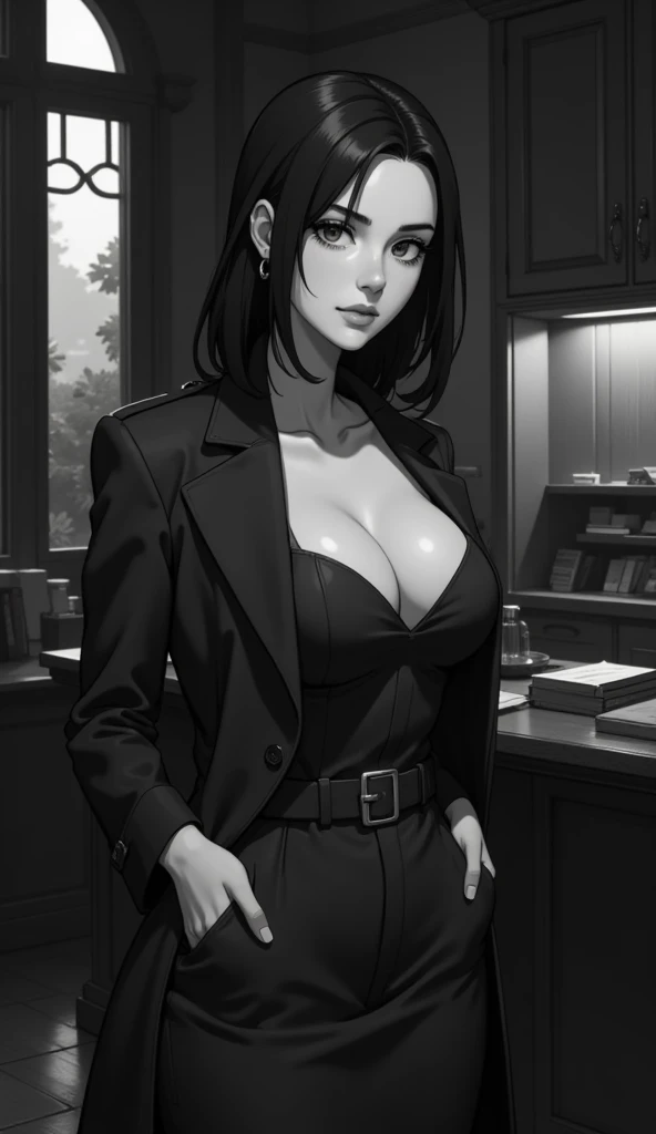 anime lineless art style, (black and white anime look sketches), 8k, masterpiece, cinematic, (Portrait), Beautiful eyes, Beautiful woman, pale skin, mature body builds, small breast, flat chest, (double swept middle cut hairstyle), dim classic office room ...