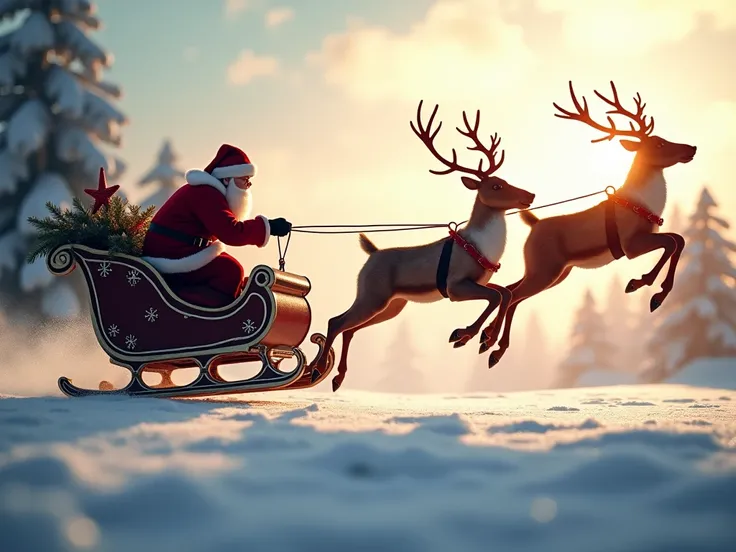 best quality, 4k, highres, ultra-detailed, realistic:1.37, vivid colors, studio lighting, bokeh, Santa Sleigh, flying silhouette Santa Sleight, Santa Claus riding in a sleigh with reindeer, isolated on white background, vector illustration