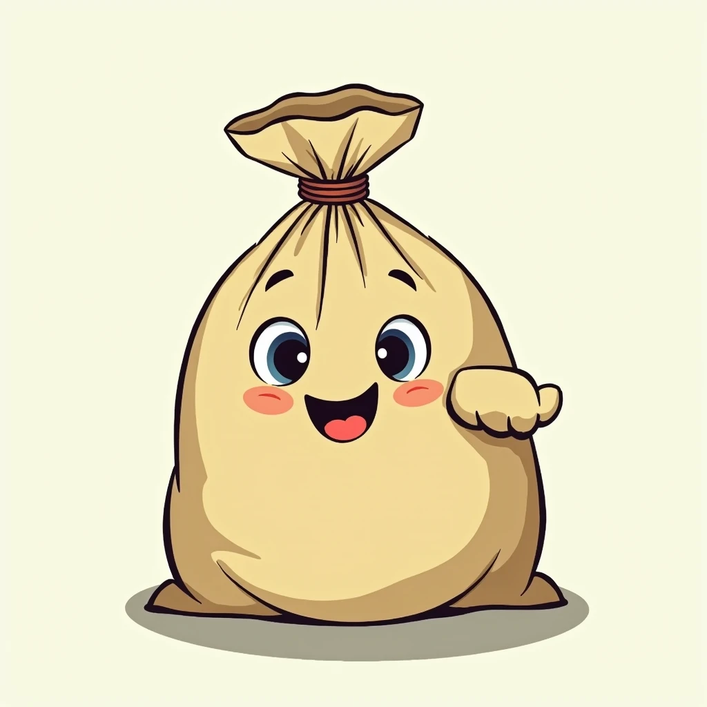 cartoon illustration of a garbage bag with a drawstring in hand