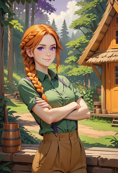 Illustration, realistic proportions, NSLeahStardew, orange hair, long hair, braid, braid in front, single braid, purple eyes, suspenders, green collared shirt, brown pants, forest hut, arms crossed, smirking