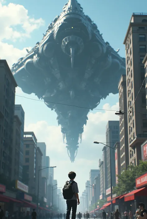 A male college student from China，His hairstyle is black bangs ， right now hes standing in the middle of the citys road， looks up at the huge alien battleship in the sky 