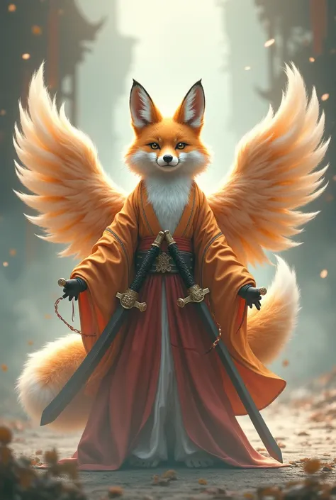 Fox, fluttering wings, swords around their waist, wearing hanbok, fluffy tails, and fur that look highlighted,SD Character, human form