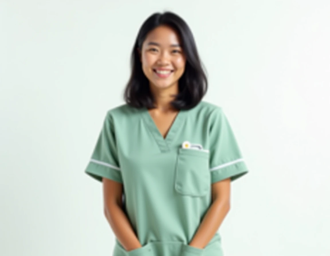 a happy therapist with a light green uniform, a white pial color and black hair,  completely white background 