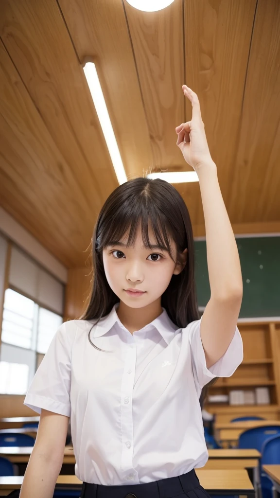 Product quality, 1 girl,(6.5 heads),( shooting from below :1.4),( Taimo emphasis:1.4),Beautiful young Japanese girl,Daytime, (High school classroom:1.2),(Short sleeve shirt:1.3),(Women&#39;s Uniform:1.3),( blazer:1.3), (White ultra mini pleated skirt:1.5),...