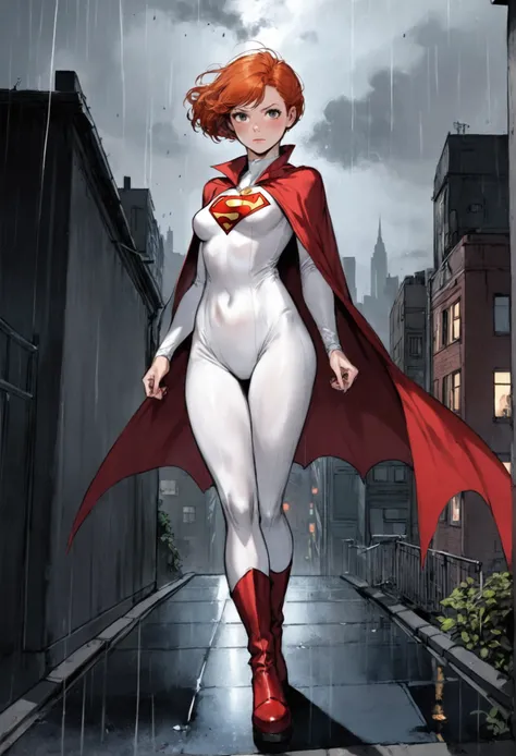 ;Irish ginger adult forty years old woman with pixie hairstyle, she dressed a clean white catsuit with neck and red superman logo on her chest with red boots and red cape, her face is determined and annoying, she walks (raining dark night roof of big city ...