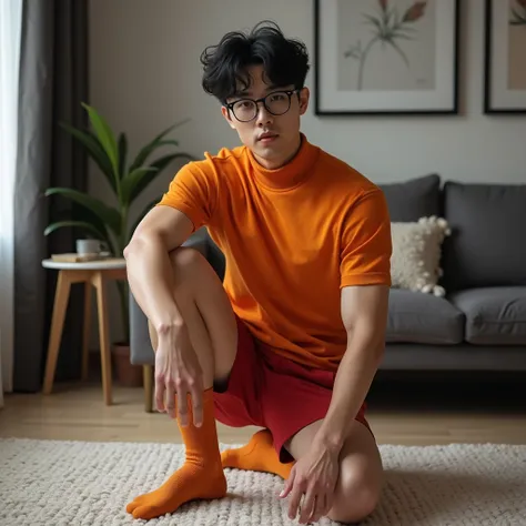  In a modern room in black, gray, white and brown colors,  posing on her knees ass,  handsome muscular Korean man with wavy black hair, wearing an orange turtleneck shirt ,some red shorts, orange socks , black-rimmed glasses  