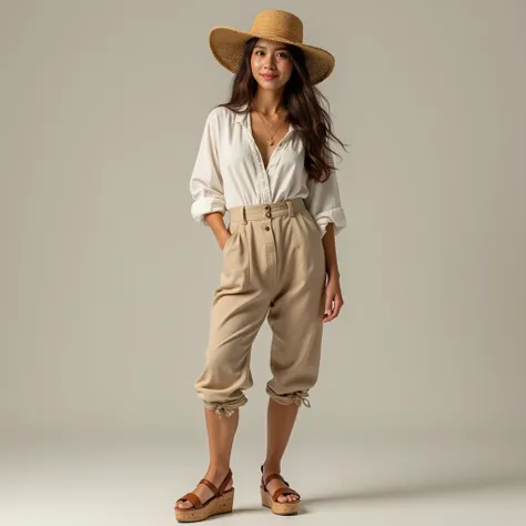 Full body shot of a latin girl in her 20s, petite, brown hair, freckles. Wearing wedge cork-soled platform sandals, a wide 17th century shirt and a straw hat. Detailed feet, photorealistic