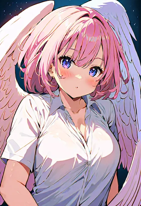   anime girl  with angel wings and a white shirt posing for a picture, Illustration of comics by Shito, Pixiv, What is it?？, seductive   anime girl , , attractive   anime girl ,  Kitagawa Marin Fanart , beautiful   anime girl ,  beautiful attractive anime ...