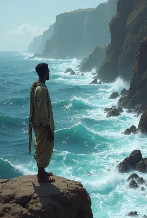  A young African man , On ocean ,  he wanted to drown ,  gesture of falling into the ocean 