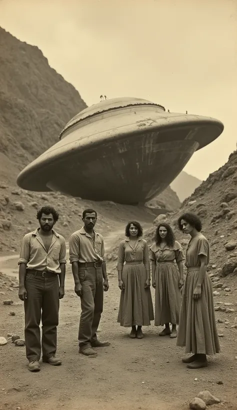 (sepia):  In a sepia photo from the early 1900s ,  a giant flying saucer is completely crashed in rocky terrain ,  with the ship partially destroyed . The villagers,  two men in linen pants and dirty shirts ,  and two women in long, torn dresses , pose nea...