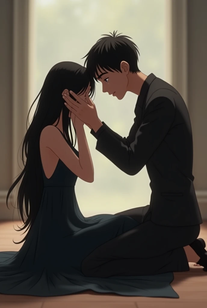 a very clear HD iamge of " animated beautiful girl sit on floor on their knees wearing black long frock with open hair cover their face with both hands and crying ,while boy sit on one knee to looking on girl  with deep sad emotions and  hold girl face wit...