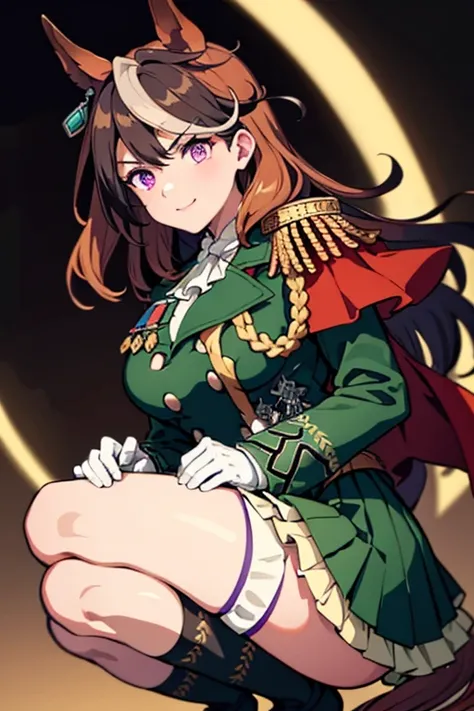 symboli rudolf,One person、girl、Horse tail、purple eyes、best quality,large breasts,Green coat, green military jacket, green skirt, red cloak,White gloves, black tights,golden epaulettes ,Medals, gem,Button closure, full body,seductive smile,Perfect hands、squ...