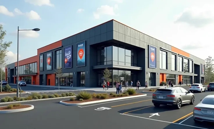 "A modern shopping center designed in a contemporary style with a sleek and dynamic appearance. The facade is dominated by a combination of bold orange and dark graphite gray tones, creating a striking and unique aesthetic. The building features clean line...