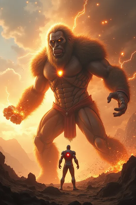 Realizing Iron Man’s persistence, Hanuman transforms into his massive divine form, towering over the battlefield.
Iron Man looks visibly overwhelmed but activates his most powerful weapon, the Unibeam, from his chest.
Hanuman chants a divine mantra and swi...