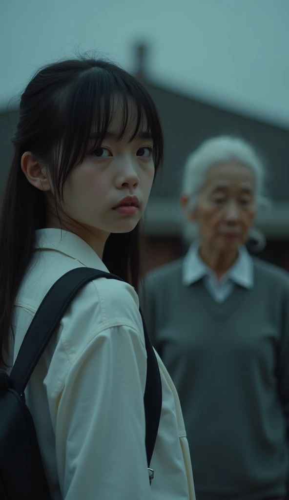 Close-up of an 18 year old Vietnamese girl, face down, worried, face facing forward, eyes glancing back, wearing a white shirt, carrying a black backpack, behind a white-haired old woman wearing a gray sweater, Vietnamese, blurred, standing in front of the...