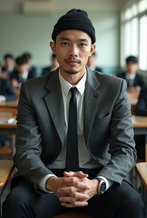 Very realistic,Indonesian man,(25 years old),Somewhat tall in stature,thin body,Wearing a black Beanie, wearing a gray alma mater jacket,(Wearing a white formal shirt Without a tie and other than that),Sitting on a typical Japanese high school classroom ch...