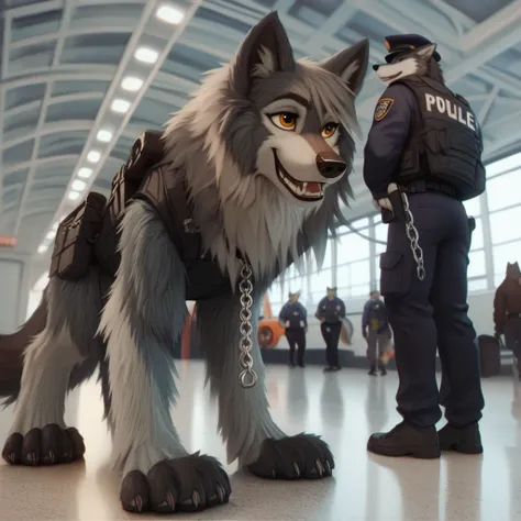 score_9, score_8_up, score_7_up, score_6_up,jenna,  very extra long haired, anthropomorphic, adult, furry, wolf, wearing a heavy police vest, quadruped, standing on its toes, all fours, panting, transit station,, black tactical uniform, chain collar, adult...