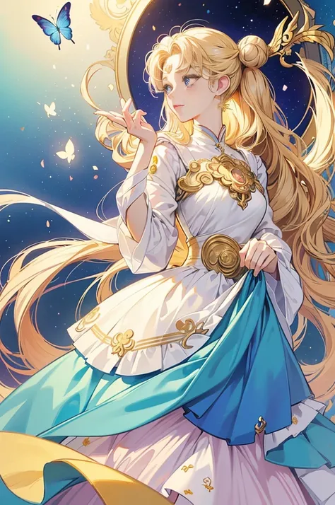  Usagi Tsukino from Sailor Moon manga art Naoko Takeuchi style, Blonde long wavy hair with two buns on her head,  blue eyes , Butterfly motif、Blue tone、  vibrant colors 、((​masterpiece)))、((( Top quality )))、(( ultra detailed ))、(A)、( highly detailed CG il...