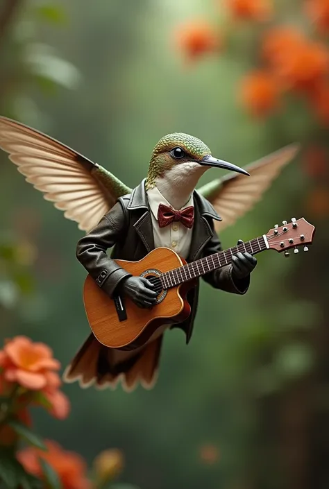 Created an image of a hummingbird dressed as if at least aged playing guitar while flying 