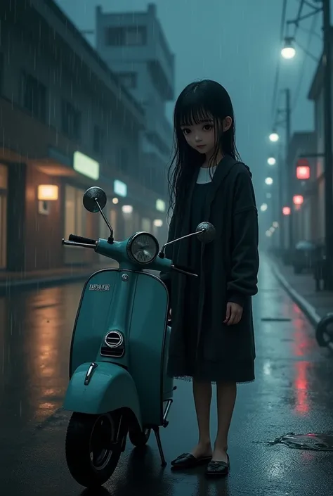 a young teen Korean girl standing alone on a wet road with a scooter, wearing a black cardigan, long black wet hair, sad expression, crying, dark and rainy atmosphere, photorealistic, highly detailed, cinematic lighting, dramatic colors