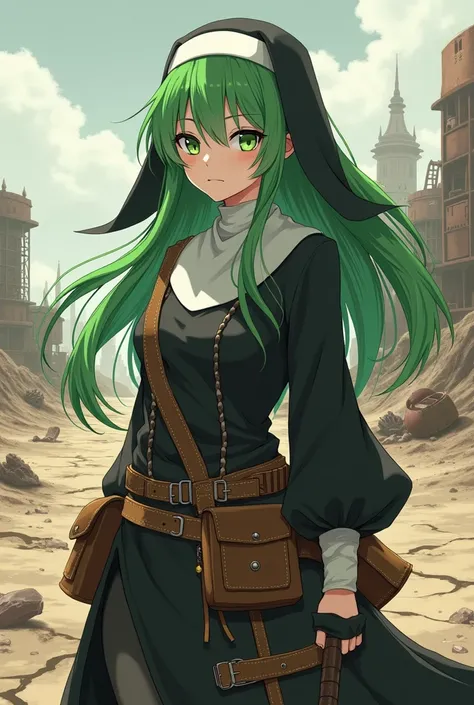 
 wasteland-style anime girl，Green long hair，Clothes similar to Western nuns